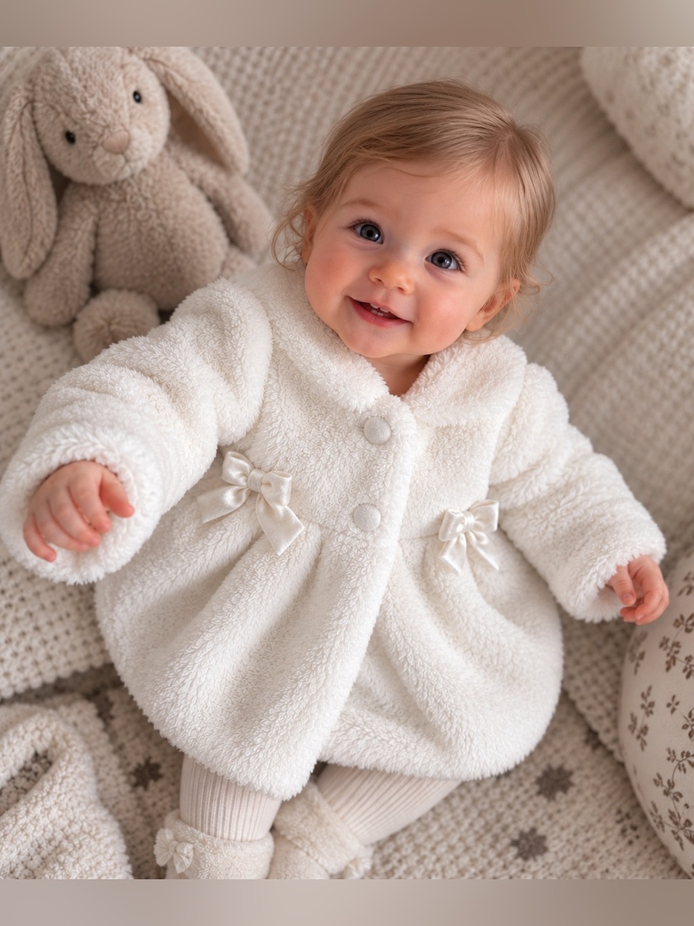 KIDS Nannette Baby Girl White Faux Fur Coat Satin Bows Dressy Size 12М